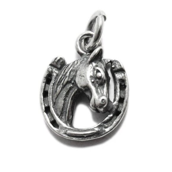 HORSE'S HEAD IN HORSESHOE CHARM IN STERLING SILVER. - Picture 1 of 2